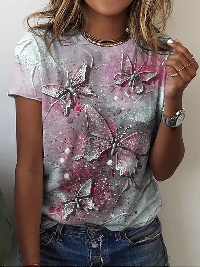 Women's Butterfly Casual Weekend Round Neck Butterfly 3D Printed Short Sleeve